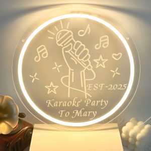 Customised circular neon sign featuring karaoke name and year, 3D engraved, personalised LED neon lighting. Ideal for karaoke parties, bars, games rooms, man caves, clubs, shops, and home décor. Makes a unique gift for clubs, housewarmings, and other occasions.