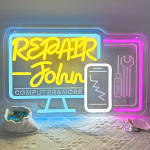 Customised neon signs for mobile phone and computer repair shops, featuring personalised LED neon lettering. Ideal for mobile phone, tablet and laptop repair services, home décor, and as the perfect gift for mobile repair shops or housewarming celebrations!