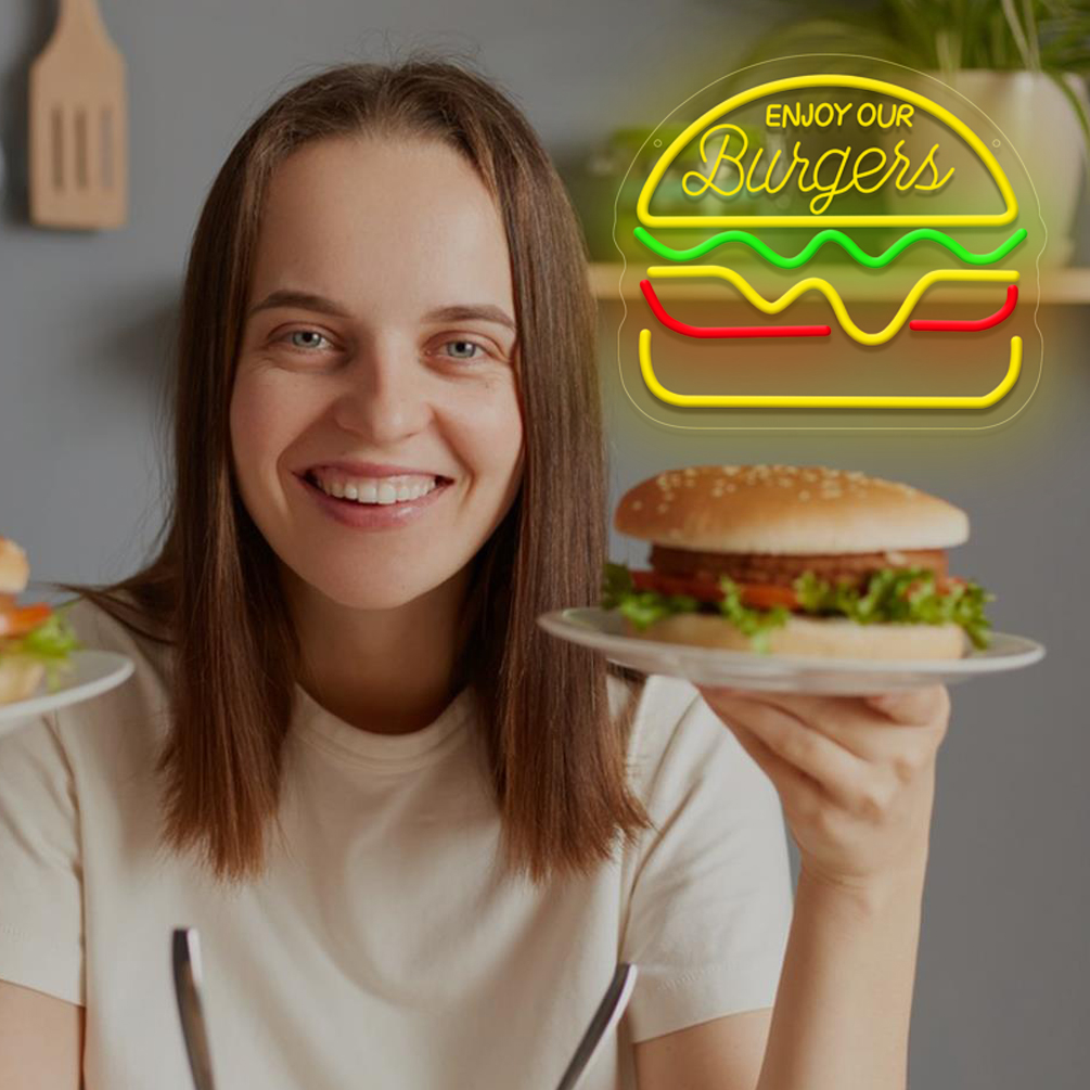 1 pc Enjoy Our Burgers LED neon sign, 3D engraved ambient wall decoration neon sign for restaurants, shops, fried chicken shops, burger joints, fast food shops, parties, offices, game rooms, homes, clubs, living rooms, bars, bedrooms and home wall decorations, preferred choice for friends and family's birthday and holiday gifts, USB powered illuminated sign hanging device. 5V USB Power Supply - 图片 2