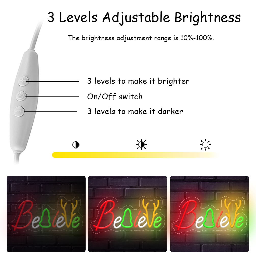 1 pc Believe Christmas Wall Neon Decoration,Dimmable LED Christmas Ambiance Wall Decoration Neon Sign, perfect for Christmas parties, bedrooms, birthday parties, pubs, shops, games rooms, clubs, rooms, friends party wall decorations, as a friend's family birthday, Christmas gift preferred, USB powered light up sign hanging device, 5V USB power supply - 图片 4