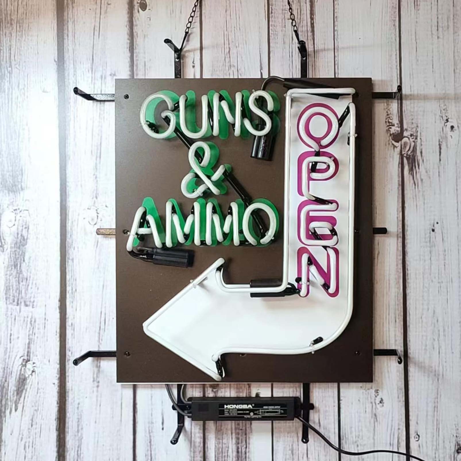 High quality gun and ammo open sign, HD inkjet graphic printing board, large glowing glass tube neon LED sign for office, party, coffee shop, bar, birthday, man cave, home and event wall art decoration. - 图片 2