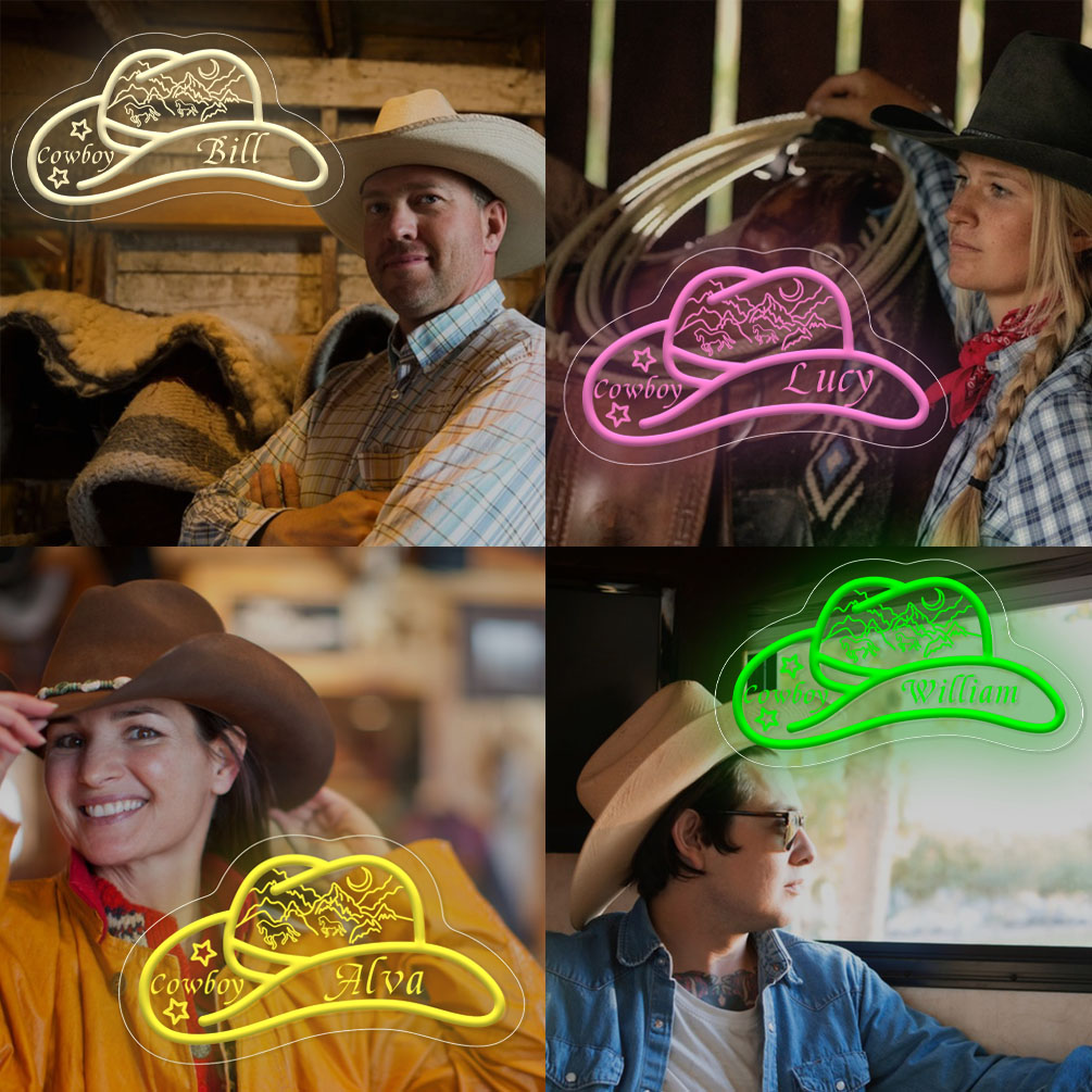 Custom Cowboy Hat Name Neon Sign, 3D Engraving, Personalised LED Wall Decoration with Mountain and Star, Suitable Suitable for Bedroom, Wedding, Birthday Gift, Office, Home Decoration, Unique and Ideal Gift for Housewarming, Family and Friends! - 图片 7