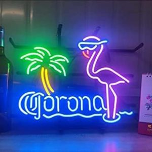 High Quality Super Bright Corona Flamingo Palm Tree Sign, Large Glowing Glass Tube Neon LED Signs for offices, parties, coffee shops, bars, birthdays, men's caves, home and event wall art decor.
