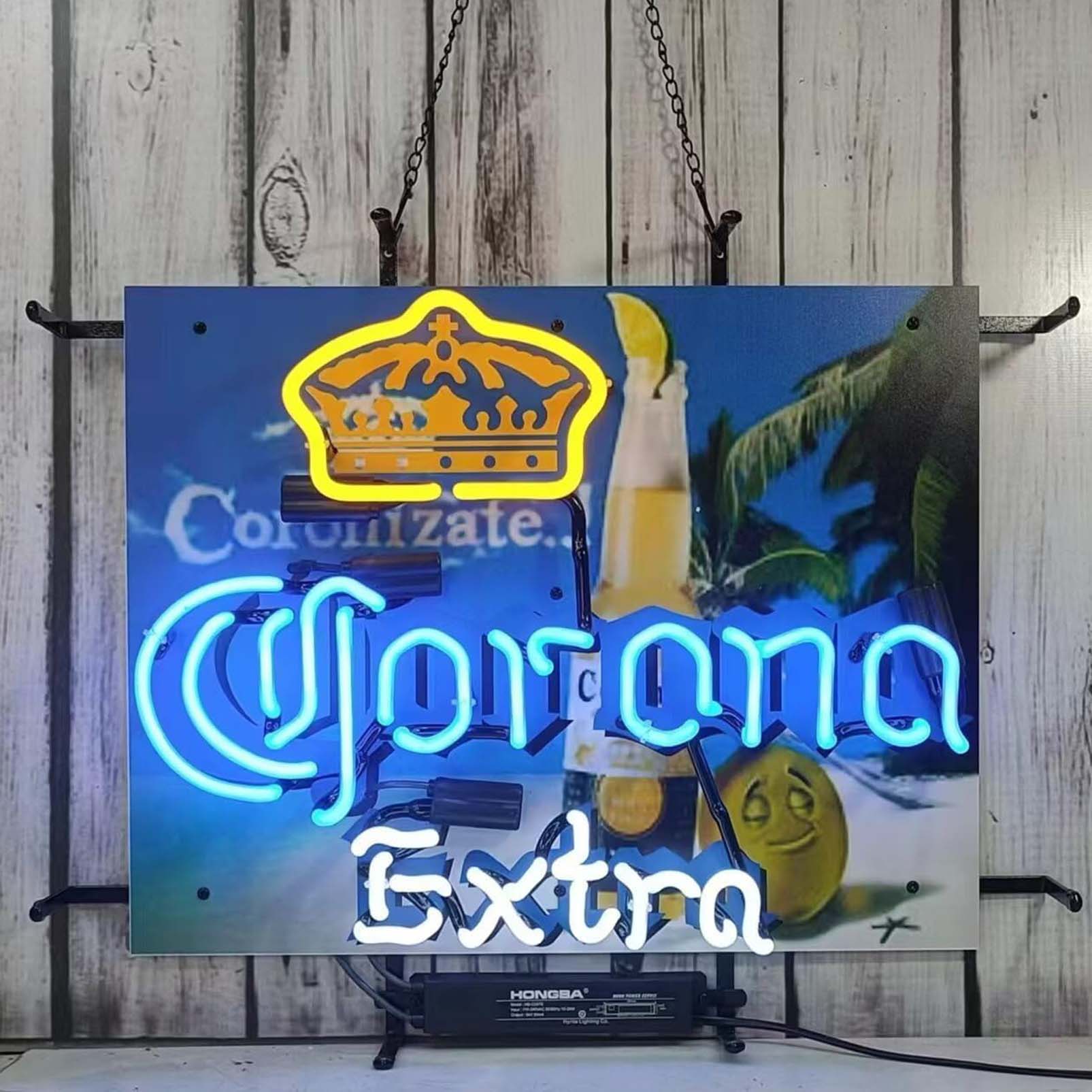 High quality super bright Corona Extra Crown Tree sign with HD inkjet graphic print board, large illuminated glass tubes neon LED sign for offices, parties, coffee shops, bars, birthdays, men's caves, home and event wall art decor.