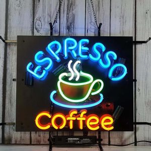 High quality super bright espresso cup sign with HD inkjet graphic printing board, large glowing glass tube neon LED sign for office, party, coffee shop, bar, birthday, man cave, home and event wall art decoration.