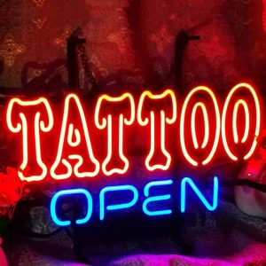 High quality super bright tattoo open door sign, large glowing glass tube neon LED sign for office, party, coffee shop, bar, birthday, man cave, home and event wall art decoration.