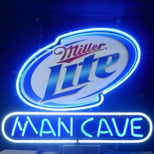 High quality super bright Millers Lite Man Cave sign with high definition inkjet graphic print board, large glowing glass tube neon LED sign for office, party, coffee shop, bar, birthday, man cave, home and event wall art decoration.