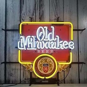 High quality super bright Old Milwaukee Beer sign with high definition inkjet graphic print board, large glowing glass tubes neon LED sign for office, parties, coffee shops, bars, birthdays, men's caves, home and event wall art decor.