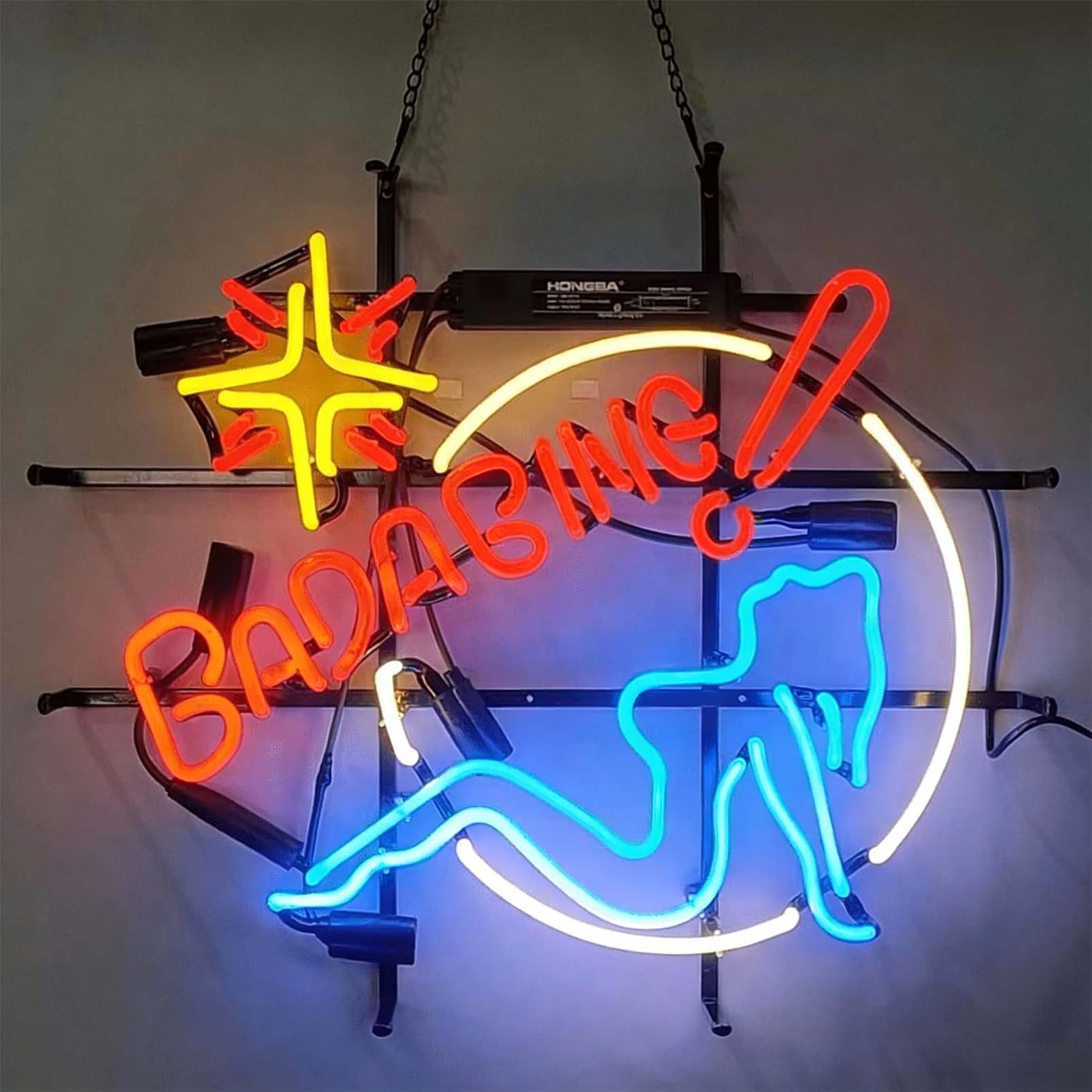 High quality Bada Bing girl sign, large glowing glass tube neon LED sign for office, party, coffee shop, bar, birthday, man cave, home and event wall art decoration.