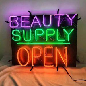 High quality BEAUTY SUPPLY OPEN sign, large glowing glass tube neon LED sign for office, parties, coffee shops, bars, birthdays, men's caves, home and event wall art decoration.