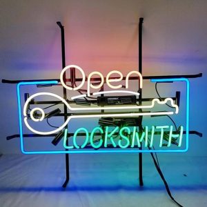 High quality open locksmith with key sign, large glowing glass tube neon LED sign for office, party, coffee shop, bar, birthday, man cave, home and event wall art decoration.