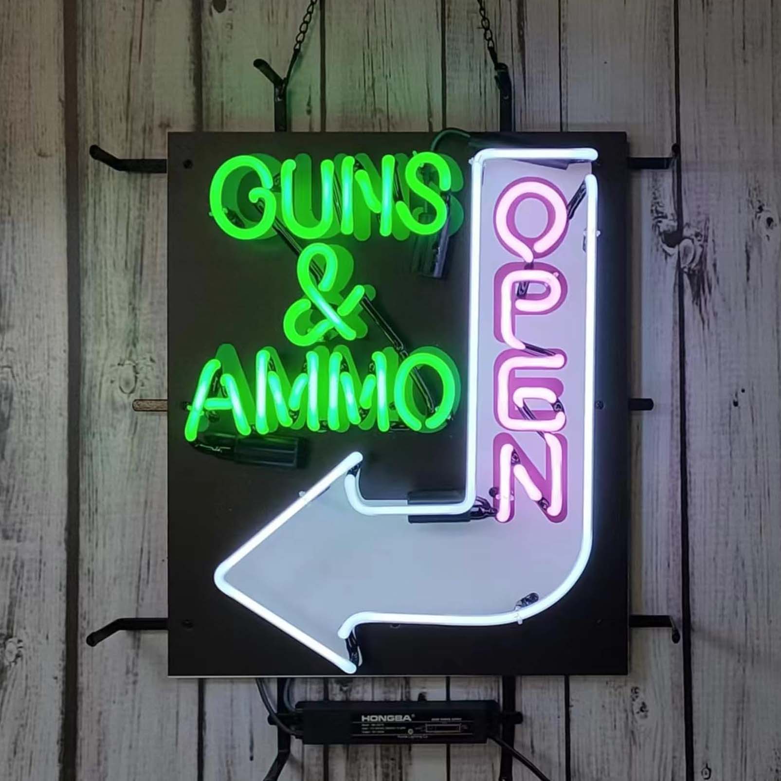 High quality gun and ammo open sign, HD inkjet graphic printing board, large glowing glass tube neon LED sign for office, party, coffee shop, bar, birthday, man cave, home and event wall art decoration.