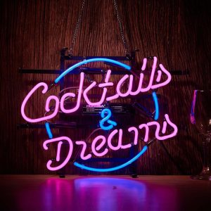 High quality Cocktails and Dreams sign, large glowing glass tube neon LED sign for office, party, coffee shop, bar, birthday, man cave, home and event wall art decor.