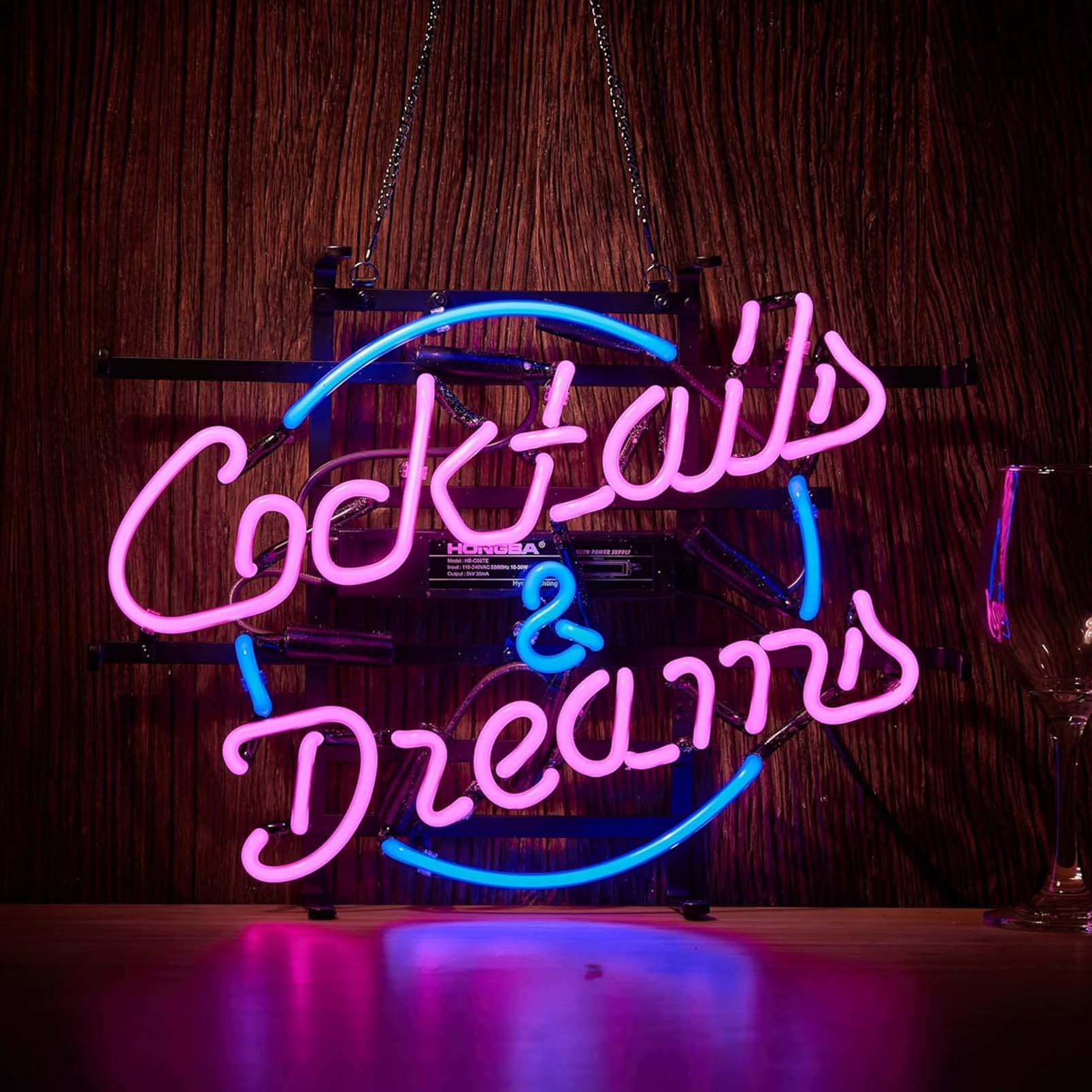 High quality Cocktails and Dreams sign, large glowing glass tube neon LED sign for office, party, coffee shop, bar, birthday, man cave, home and event wall art decor.