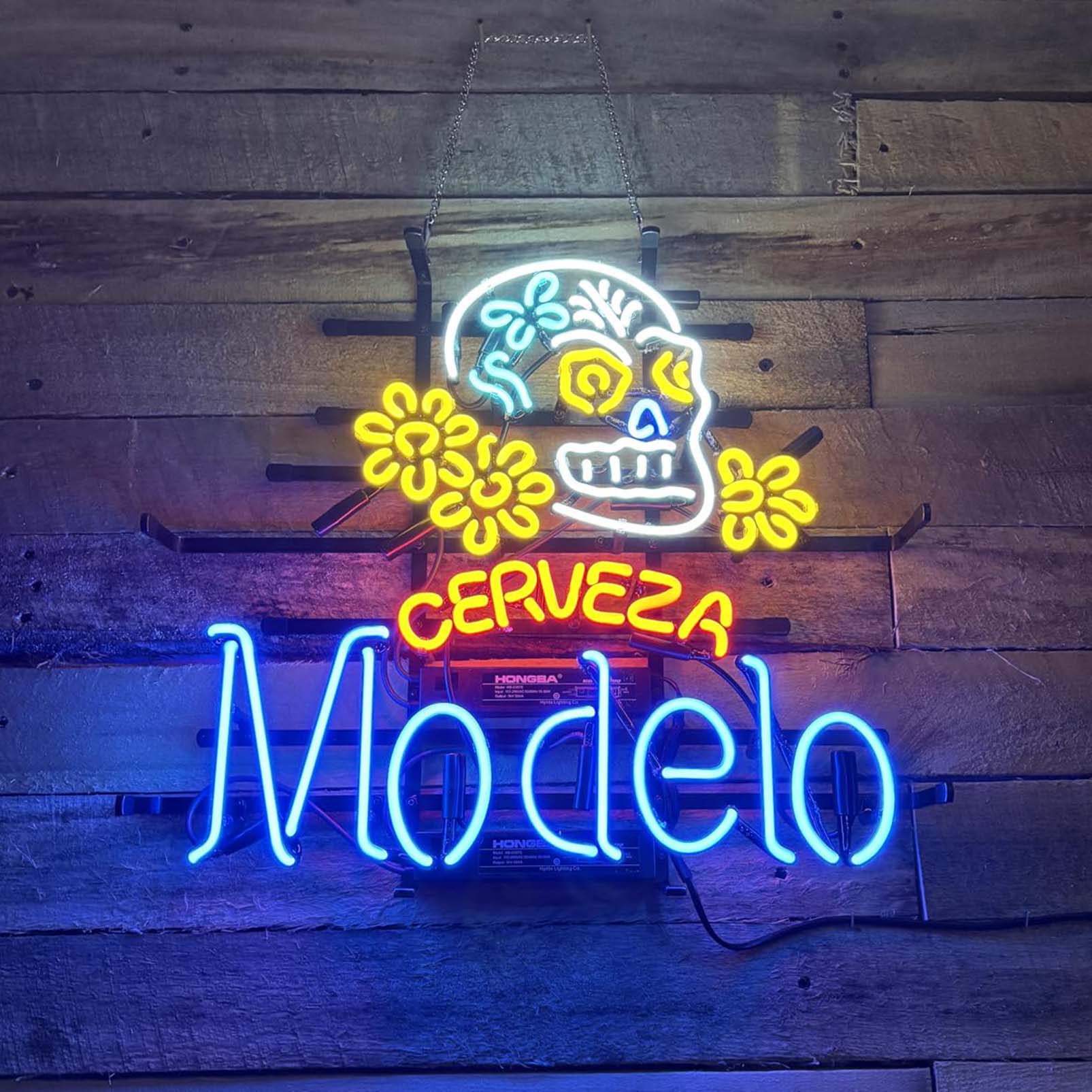 High Quality Cerveza Modelos Skull Sign, Large Glowing Glass Tube Neon LED Sign for office, party, coffee shop, bar, birthday, man cave, home and event wall art decoration.