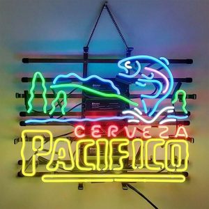 High quality Cerveza Pacificos Fish Fishing sign, large glowing glass tube neon LED sign for office, party, coffee shop, bar, birthday, man cave, home and event wall art decoration.