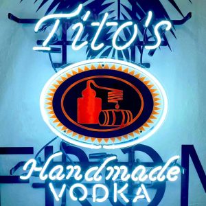 High quality Tito's Handmade Vodkas sign with high definition inkjet graphic print board, large illuminated glass tubes neon LED sign for office, parties, coffee shops, bars, birthdays, men's caves, home and event wall art decor.