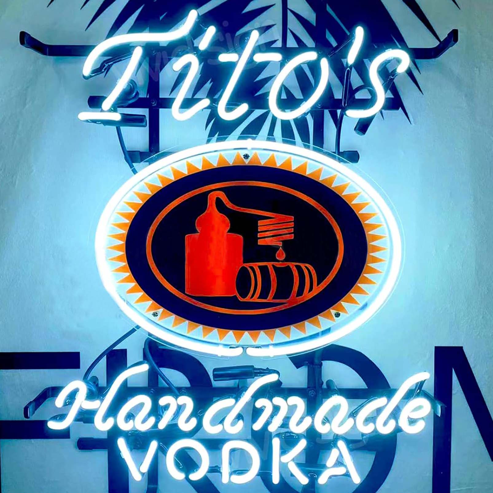 High quality Tito's Handmade Vodkas sign with high definition inkjet graphic print board, large illuminated glass tubes neon LED sign for office, parties, coffee shops, bars, birthdays, men's caves, home and event wall art decor.