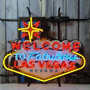 High Quality Super Bright Open Letter Display Welcome To Las Vegas, HD Jet Graphic Printed Board, Large Bright Glowing Glass Tube Neon LED Sign for Office, Party, Coffee Shop, Bar, Birthday, Men's Cave, Home and Event Wall Art Decoration.60.96 X 50.80 cm