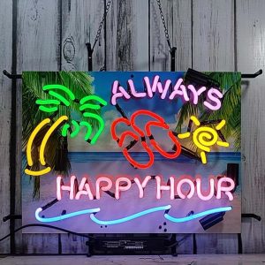 High Quality Super Bright Open Letter Display Always Happy Hour Palm Tree Beer, HD Jet Graphic Printed Board, Large Bright Illuminated Glass Tube Neon LED Sign for Office, Parties, Coffee Shops, Bars, Birthdays, Men's Caves, Home and Event Wall Art Decoration.60.96 X 50.80 cm