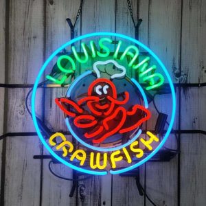 High quality super bright open letter display Louisiana crawfish with round border sign, large bright illuminated glass tube neon LED sign for office, parties, coffee shops, bars, birthdays, men's caves, home and event wall art decoration.