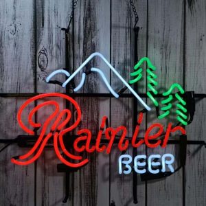 High Quality Super Bright Open Letter Display Rainiers Beer Mountain Sign, Large Bright Glowing Glass Tube Neon LED Sign for Office, Party, Coffee Shop, Bar, Birthday, Men's Cave, Home and Event Wall Art Decoration.