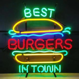 High quality super bright Best Burgers In Town sign, large glowing glass tube neon LED sign for office, parties, coffee shops, bars, birthdays, men's caves, home and event wall art decor.