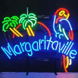 High quality super bright Margaritaville Paradise Parrot Palm Tree Sign, Large Glowing Glass Tube Neon LED Sign for office, party, coffee shop, bar, birthday, man cave, home and event wall art decoration.