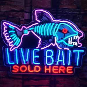 High quality super bright fishing live bait for sale sign with high definition inkjet graphic printing board, large glowing glass tube neon LED sign for office, party, coffee shop, bar, birthday, men's cave, home and event wall art decoration.
