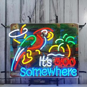 High Quality Super Bright Its 5 O'clock Somewhere Parrot Beach Palm Tree Sign, High Definition Inkjet Graphic Printed Board, Large Glowing Glass Tube Neon LED Sign for Office, Party, Coffee Shop, Bar, Birthday, Men's Cave, Home and Event Wall Art Decoration.