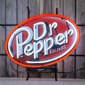 High quality super bright Dr Peppers Est.1885 beer sign with HD inkjet graphic print board, large glowing glass tube neon LED sign for office, party, coffee shop, bar, birthday, man cave, home and event wall art decoration.