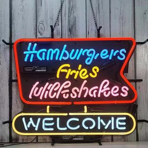 High quality super bright Hamburgers Fries MilkShakes Welcome sign, large glowing glass tube neon LED sign for office, party, coffee shop, bar, birthday, man cave, home and event wall art decoration.