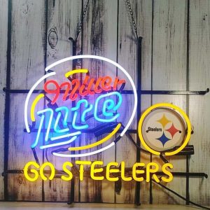 High quality super bright Miller Lite Go Steeler sign with HD inkjet graphic print board, large glowing glass tube neon LED sign for office, party, coffee shop, bar, birthday, man cave, home and event wall art decoration.