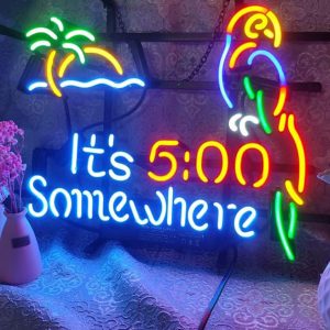 High quality super bright it's 5:00 somewhere parrot palm tree sign, large glowing glass tube neon LED sign for office, parties, coffee shops, bars, birthdays, men's caves, home and event wall art decor.