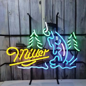 High Quality Super Bright Miller Lite Fish Tree Fishing Hook Sign, Large Glowing Glass Tube Neon LED Sign for Office, Party, Coffee Shop, Bar, Birthday, Men's Cave, Home and Event Wall Art Decoration.