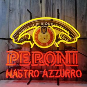 High quality super bright Peroni Nastro Azzurro beer sign with HD inkjet graphic print board, large glowing glass tubes neon LED sign for office, parties, coffee shops, bars, birthdays, men's caves, home and event wall art decoration.