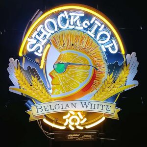 High quality super bright Shock Top Belgium white sign with HD inkjet graphic print board, large glowing glass tube neon LED sign for office, party, coffee shop, bar, birthday, man cave, home and event wall art decoration.