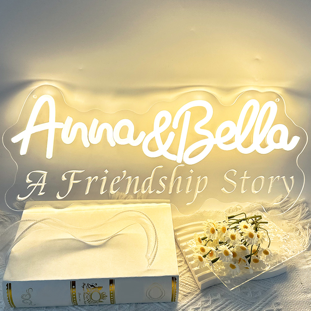 Custom a friendship story and name neon sign, 3D engraving, personalised LED neon light, suitable for good friends, siblings, living room and home decoration, ideal gift for parties, birthdays, housewarming and other perfect match!