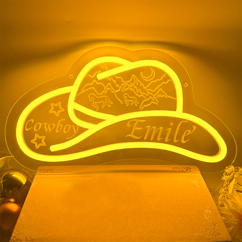 Custom Cowboy Hat Name Neon Sign, 3D Engraving, Personalised LED Wall Decoration with Mountain and Star, Suitable Suitable for Bedroom, Wedding, Birthday Gift, Office, Home Decoration, Unique and Ideal Gift for Housewarming, Family and Friends!