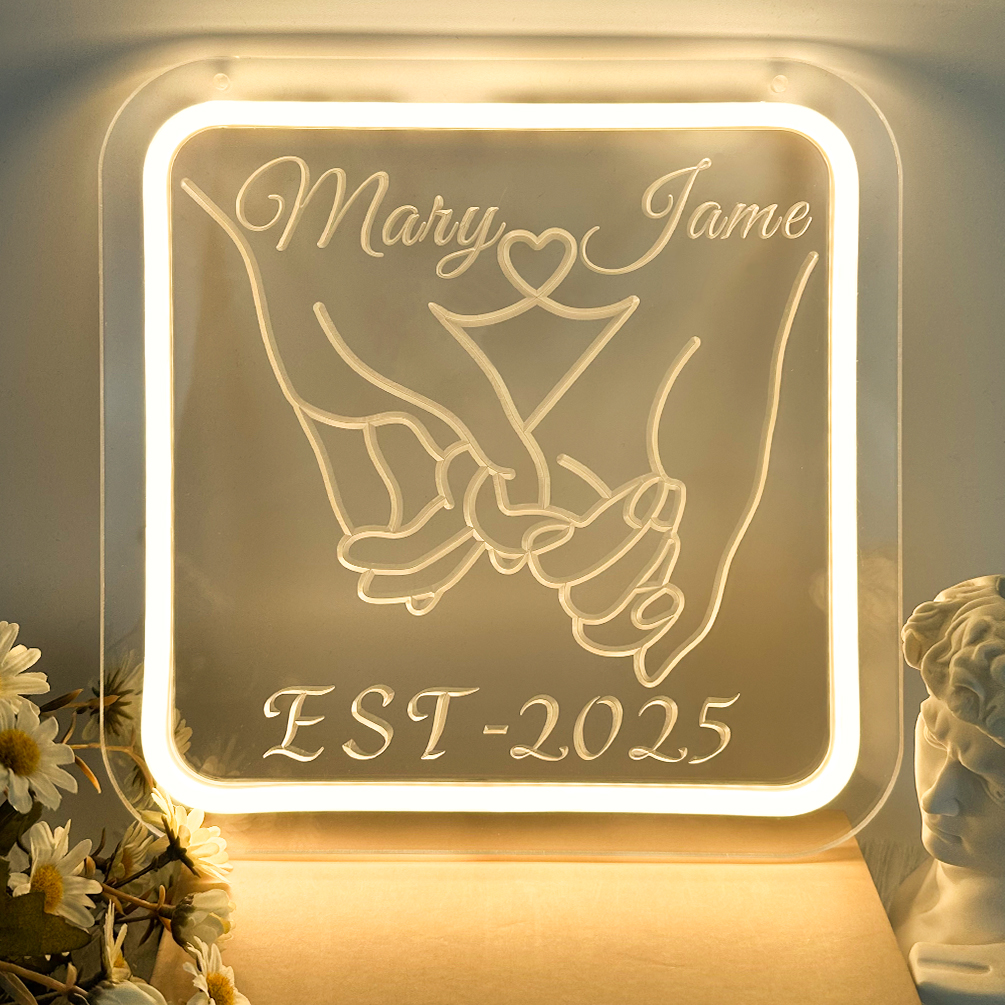 Custom hand-holding name and year neon sign, 3D engraving, personalised LED wall decoration, suitable suitable for wedding, Valentine's Day, birthday, home decoration, a unique and ideal gift for weddings, parties, anniversaries, housewarming and so on!
