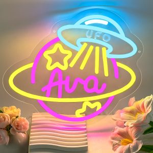 Customised UFO with planet and name neon sign, personalised LED neon lights for space themed parties, children's rooms, games rooms, pubs, shops, living rooms and home decor, ideal unique gift for parties, shops, housewarming and more!