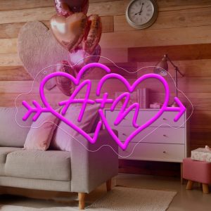 Cupid's Arrow Double Heart Customised Initials Neon Sign, Personalised LED Neon for Weddings, Events, Parties, Bedrooms, Living Rooms and Home Decor, Unique and Ideal Gift for Birthdays, Weddings, Ceremonies, Valentine's Day, Children's Day and more!