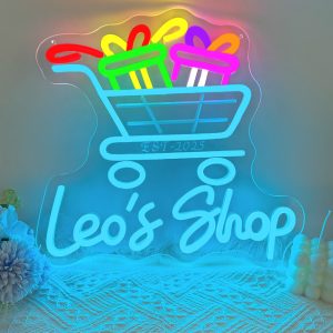 Custom shopping cart name and year neon sign, personalised LED neon lights for supermarkets, shops, events, parties, gift shop decorations, unique and ideal gifts for birthdays, shops, business, pubs, housewarmings and more!