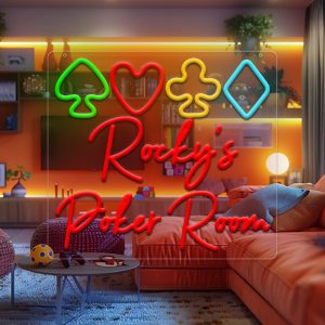 Bespoke multi-coloured playing cards and name neon signs with personalised LED neon lights for games rooms, events, parties, bars, bedrooms, living rooms and home décor, unique and ideal gifts for games rooms, parties, clubs, housewarmings and more!