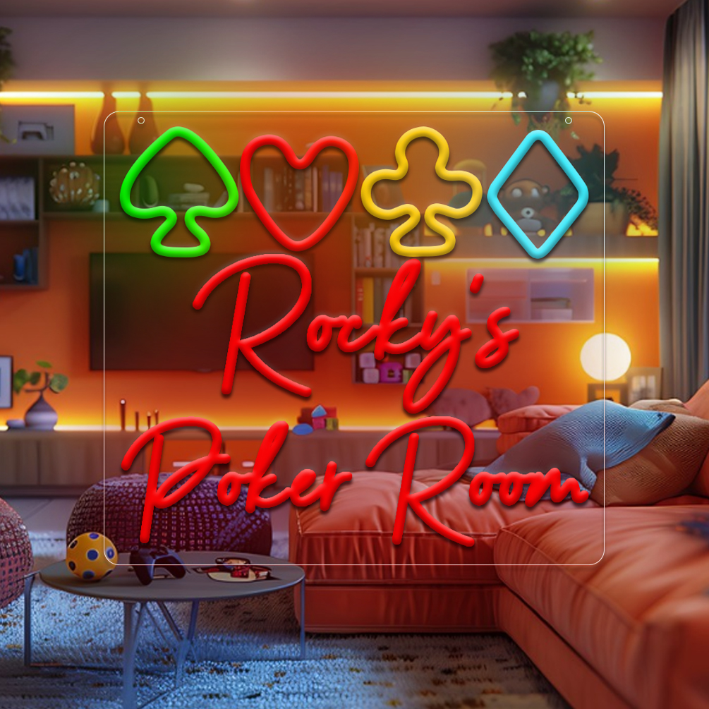 Bespoke multi-coloured playing cards and name neon signs with personalised LED neon lights for games rooms, events, parties, bars, bedrooms, living rooms and home décor, unique and ideal gifts for games rooms, parties, clubs, housewarmings and more!