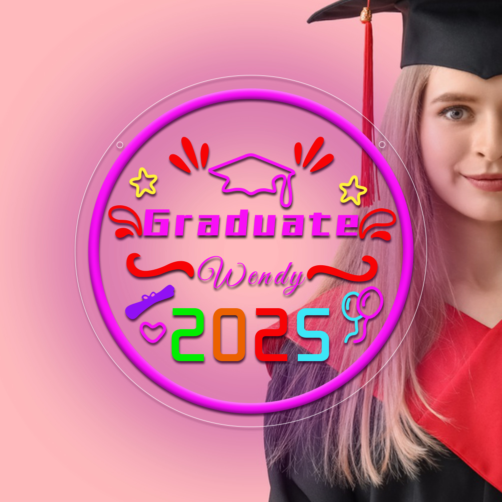 Custom round graduation season neon sign with 3D engraving and LED neon lights for graduation, parties, events, bedrooms, living rooms and home decoration, unique and ideal gift for birthdays, parties, ceremonies, graduations, housewarming and more!