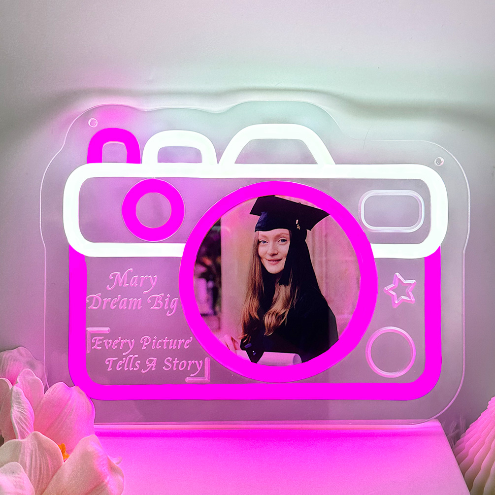 Custom camera picture and name neon sign, personalised UV LED neon for graduation season, weddings, studios, parties, photo clubs, living rooms and home decor, ideal gift for weddings, parties, birthdays, housewarming and other perfect matches!
