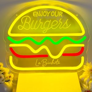 Custom Burger and Name Neon Lights, 3D Engraving, Personalised LED Neon Lights for Events, Dining Rooms, Children's Rooms, Bedrooms, Living Rooms and Home Decor, Unique and Ideal Gifts for Birthdays, Weddings, Graduation Ceremonies, Children's Day and more!