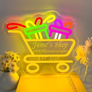 Custom shopping cart name and year neon sign, 3D engraving, personalised LED neon light, suitable for supermarkets, shops, events, parties, gift shop decorations, ideal for unique gifts for birthdays, shops, business, pubs, housewarming and more!