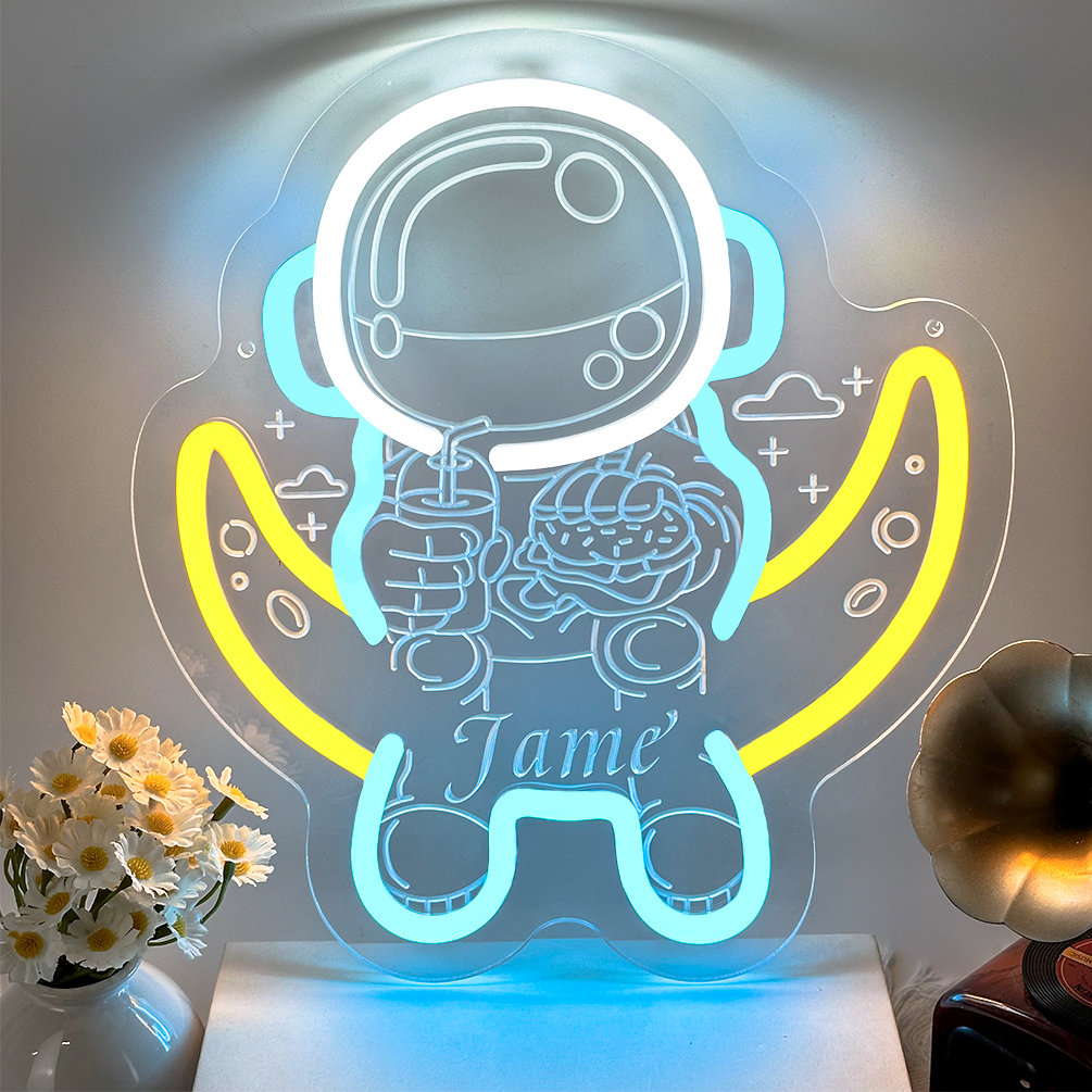 Custom astronaut and name neon sign, 3D engraving, personalised LED neon lights, suitable for space themed parties, children's rooms, games rooms, shops, living rooms and home decoration, ideal unique gifts for parties, clubs, housewarming and other occasions